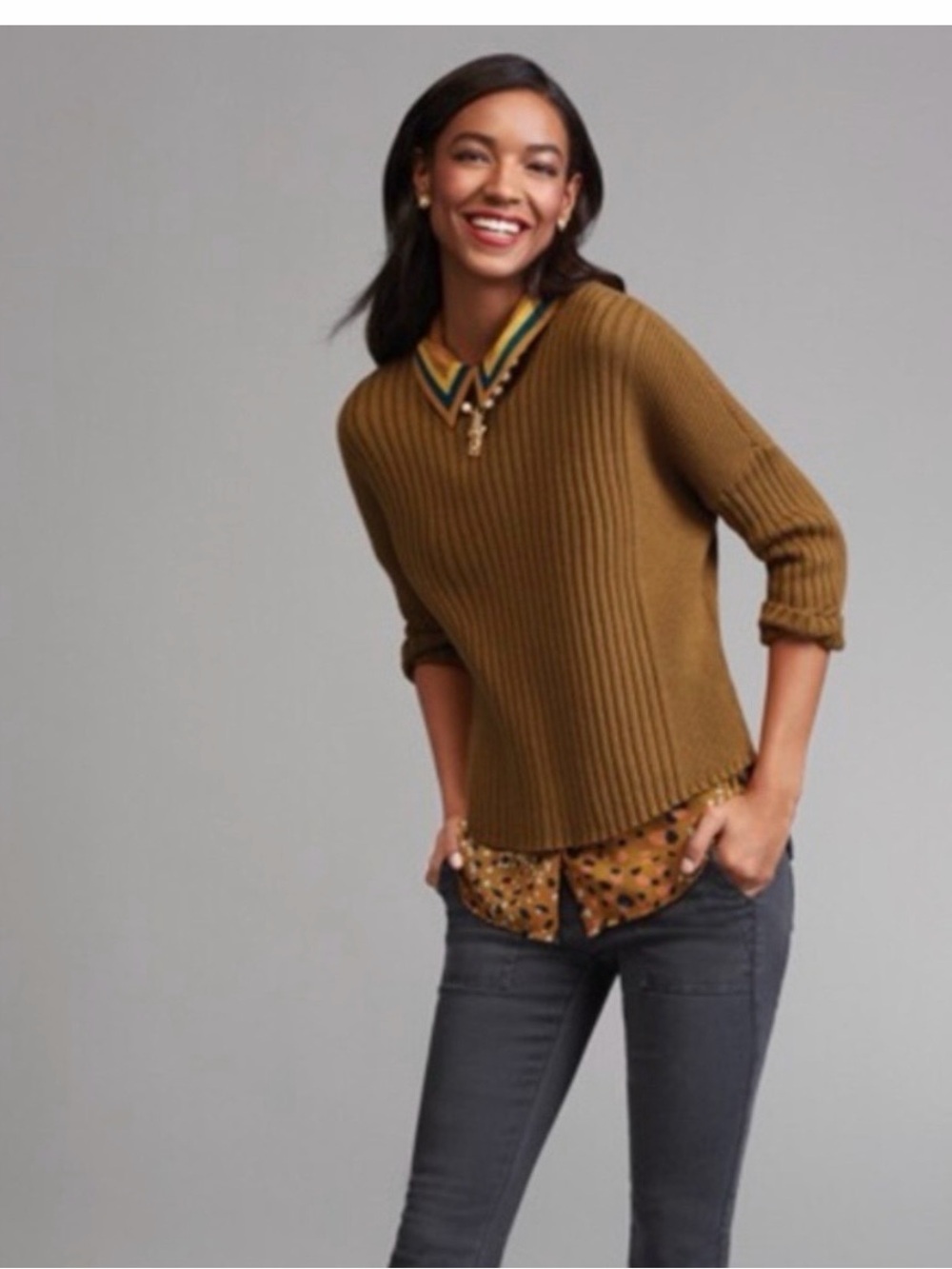 CAbi Luna Ribbed Crewneck Sweater in Brown